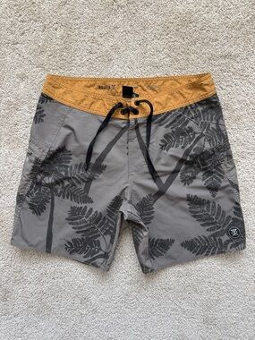 Roark Men's Gray Palm-Print Board Shorts with Mustard Waistband